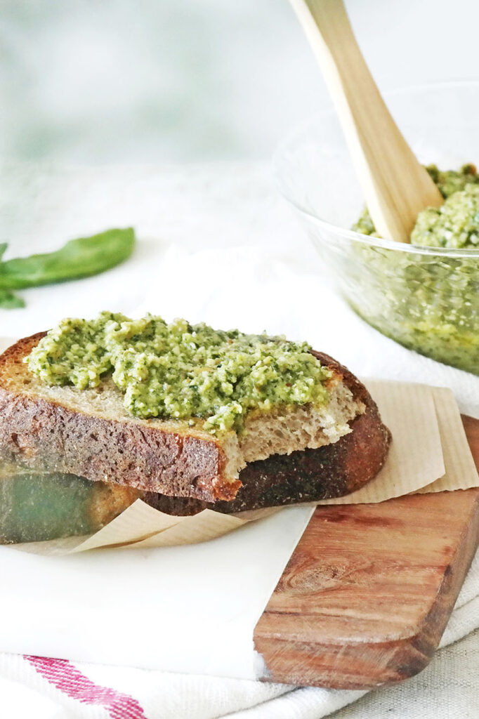 sourdough bread with basil pesto on the top