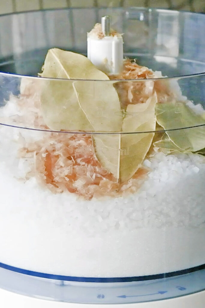 bay leaves, bonito flakes, salt, sugar mixture