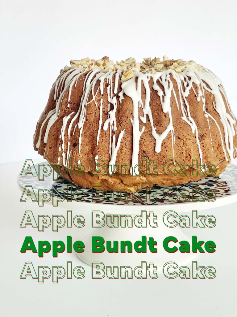 a whole apple bundt cake icing on the top with walnuts